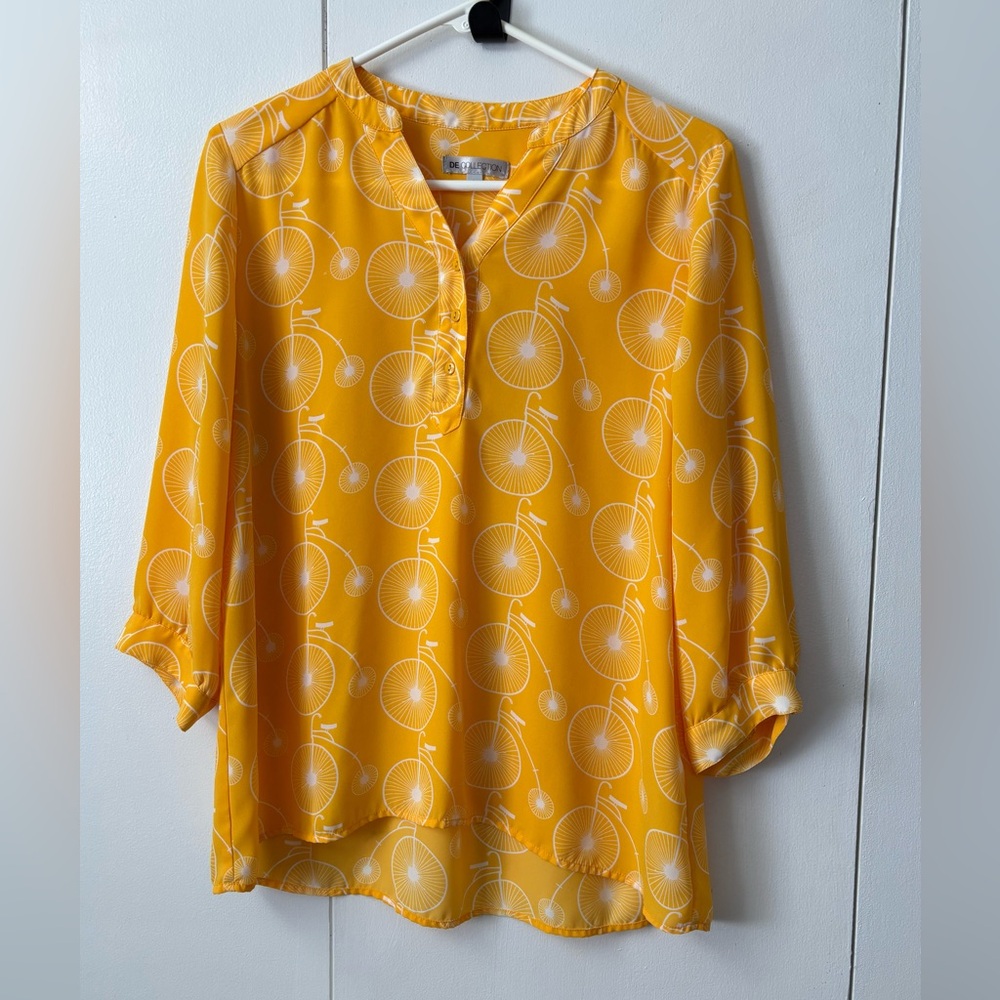 Vibrant Yellow Bicycle Print Popover Blouse